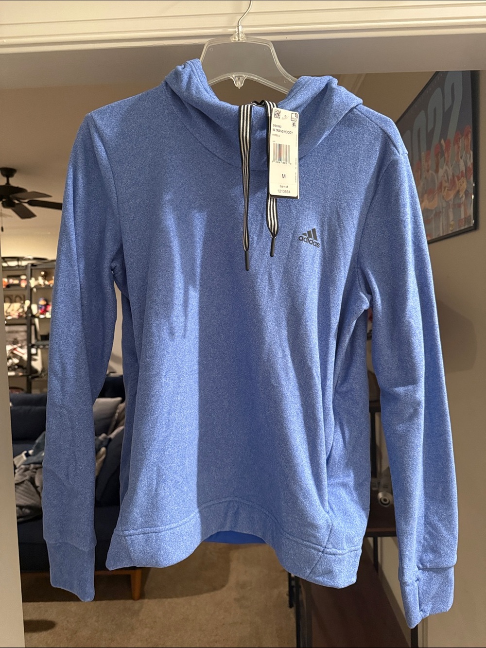 adidas Heathered Blue Pullover Hoodie with Striped Drawcords